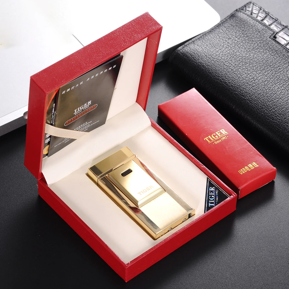 

Luxury Electronic Cigarette Torch Lighter Tiger Logo Single Pulsed Arc Lighter Windproof Thunder Metal Plasma USB Lighter 900