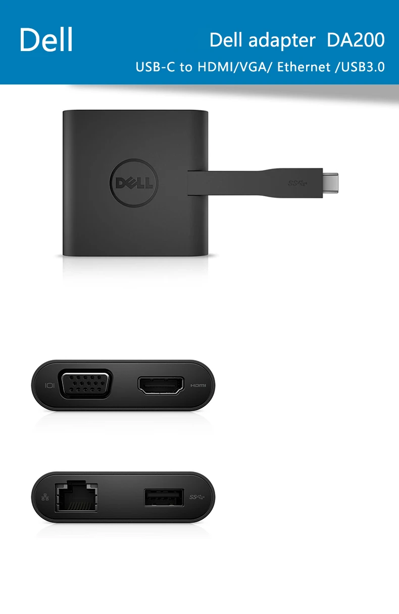 Dell Оригинальная док-станция USB-C VGA HDMI Ethernet USB3.0 DA200 адаптер