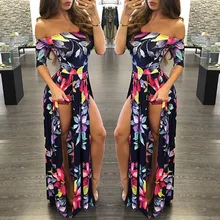 2017 New Women Brand Summer Dress Beach Print Large Size Split Long Dress Ladies Plus Size Sexy Party Off Shoulder Dress 3XL