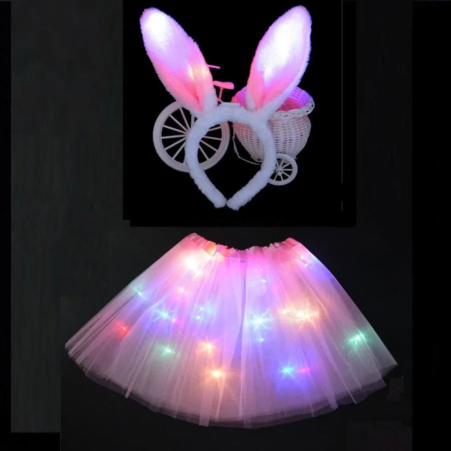Светодиодный светящийся светильник; Детские платья-пачки принцессы для девочек; одежда для детей; повязка на голову для свадебной вечеринки; костюм кролика; костюм для костюмированной вечеринки - Цвет: Plush pink