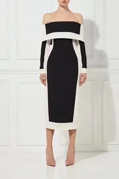 

2018 Off Shoulder Chic Vestidos Long Sleeve Bandage Black White Bodycon Mid-Calf Sexy Evening Party Gown Dress