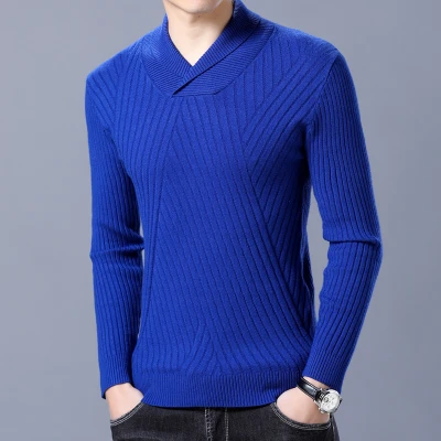 Осенние мужские свитера Хлопковые вязаные королевский синий черный Цвет брендовая одежда для человека Slim Fit трикотаж мужской одежда