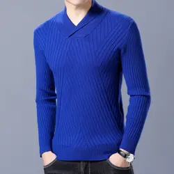 Осенние мужские свитера Хлопковые вязаные королевский синий черный Цвет брендовая одежда для человека Slim Fit трикотаж мужской одежда