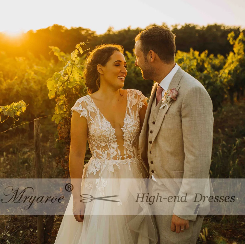 Mryarce Sexy V Neck Lace Appliques Tulle A Line Open Legs Open Back Wedding Dress Bridal Gowns  (2)