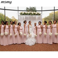 Розовые шифоновые платья подружек невесты для Вестерн свадеб ТРАПЕЦИЕВИДНОЕ платье без рукавов со складками длинное платье подружки невесты размера плюс