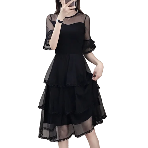 ONLY $28.37!!! Ãté coréen noir dentelle robe de bal Patchwork en mousseline de soie Transparent