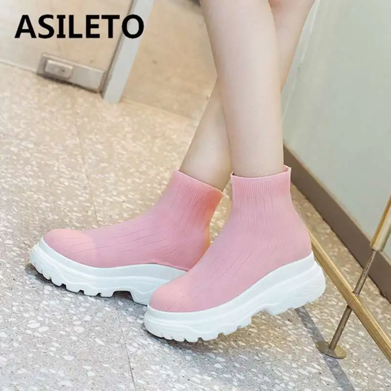 

ASILETO brand sock boots slip on stretch knitting ankle boots for women high platform short booties anti skid botas mujer bottes