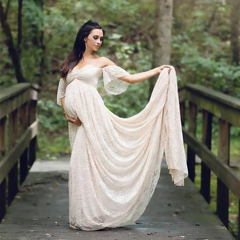 

2018 Maternity Photography Props Pregnant Dress Lace Robe Off Shoulder Ruffles Fancy Maxi Maternity Women Long Dress Size S-2XL