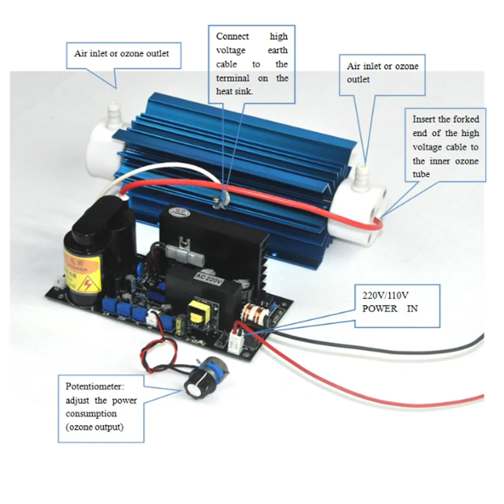 1-10 г/ч кремнезем трубка генератор озона Регулируемый с потенциометром с воздушным охлаждением для стерилизации воздуха и воды+ дополнительный аксессуар