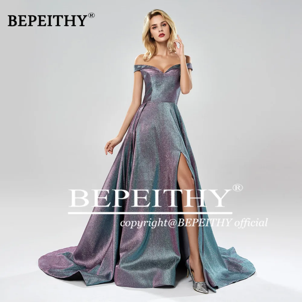 BEPEITHY Robe De Soiree Off The Shoulder Long Evening Dress Party Elegant With Slit 2020 Sweep Train Glitter Sexy Prom Gown
