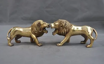 

christmas 8"Chinese Fengshui brass Copper ferocious Run Wild Africa Male Lion Statue Pair halloween