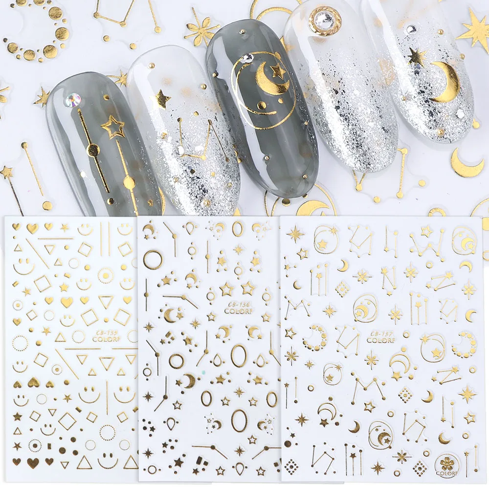 

Gold Silver Stickers Sliders For Nail Adhesive 3D Decals Geometric Stars Heart Designs On Nails Manicure Decorations TRCB133-141