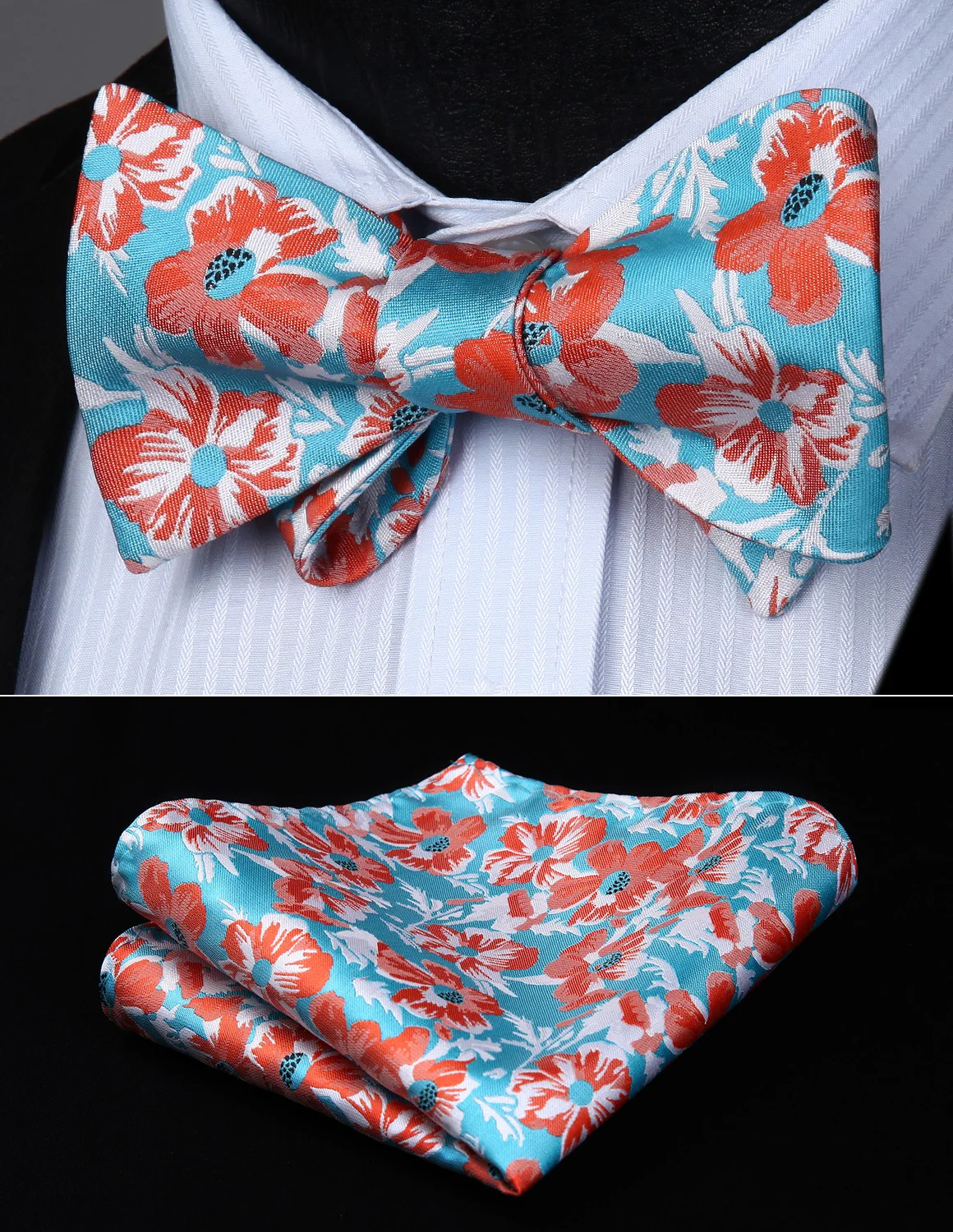 BF808QS Aqua Red Flower Bowtie Men Butterfly Silk Self Bow Tie