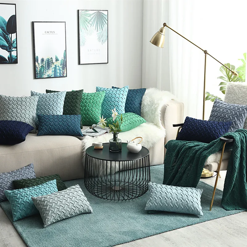 

Hand Pleat Embroidered Cushion Cover Blue Green Geometric Home Decorative Pillow Cover Lumber Pillow Case 45X45CM/30x50cm