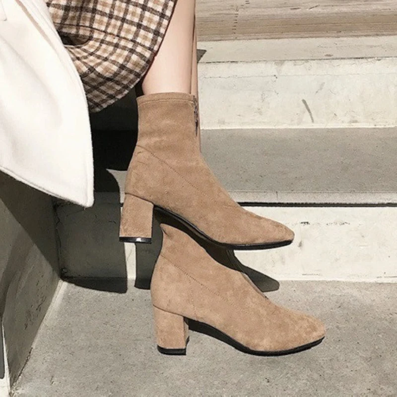 

Tangnest 2019 Women New Sexy Ankle Boots High Square Heels Slip On Pumps Solid Square Toe Ladies Warm Comfort Shoes XWX7292
