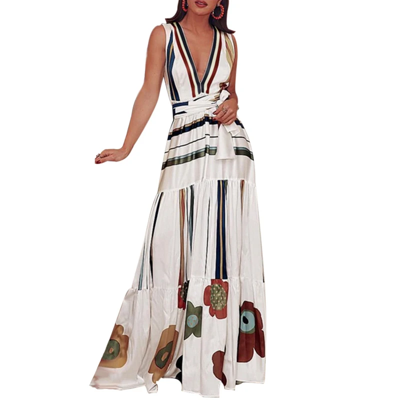 

2019 New Arrival Deep V-Neck Off Shoulder Floral Printed Dress Fashionable Elegant Boho Beach Maxi Dress Sundress Holiday Party