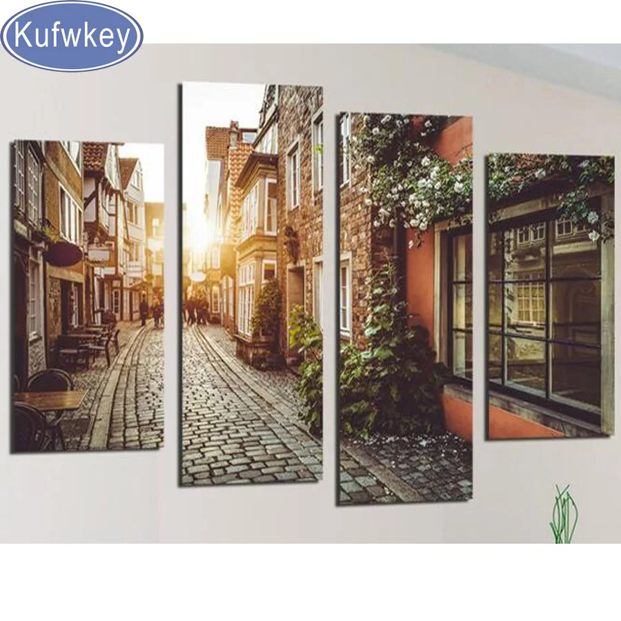 

4 pcs,Full Square 5D DIY Diamond Painting,"town Street natura scenery"Diamond Embroidery Cross Stitch,Mosaic,stickers home decor