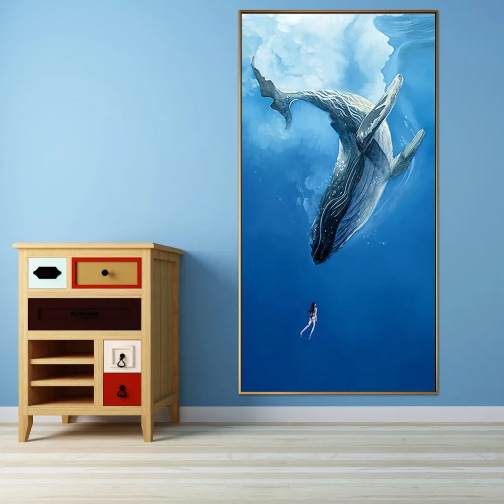 

Nordic Simple Style Whale and Girl Canvas Painting Modern Marine Animal Abstract Wall Art Poster For Living Room Home Decoration