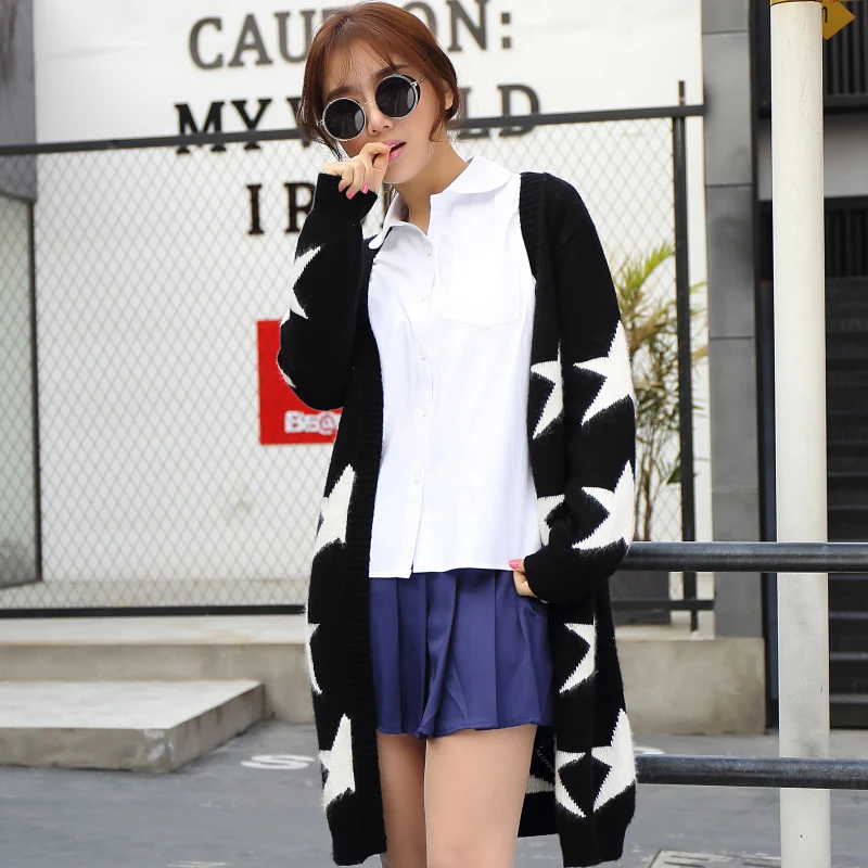 

New Fashion Pentagram Cardigan Long Cashmere Sweater Women's sweater with cap Knitted Sweaters V-Neck Wool Cardigan tops