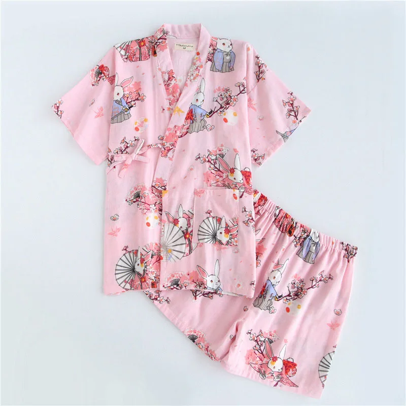 Летняя Милая женская пижама-кимоно с вишенками и цветочным рисунком кролика, тонкая хлопковая дышащая Пижама с героями мультфильмов, женские шорты, одежда для сна