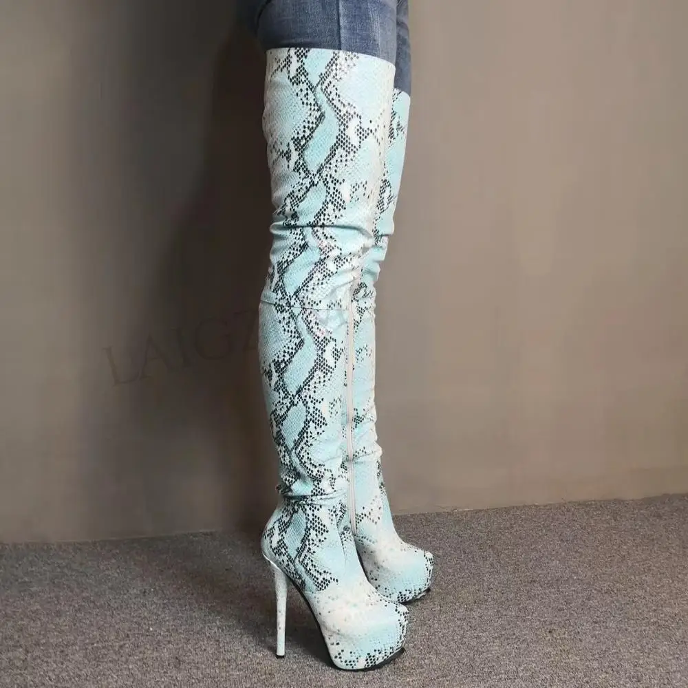 LAIGZEM CHIC Women Thigh High Boots Faux Snake Leather Stiletto Heels Boots Dropshipping Crotch Shoes Botines Mujer Big Size 52 (4)