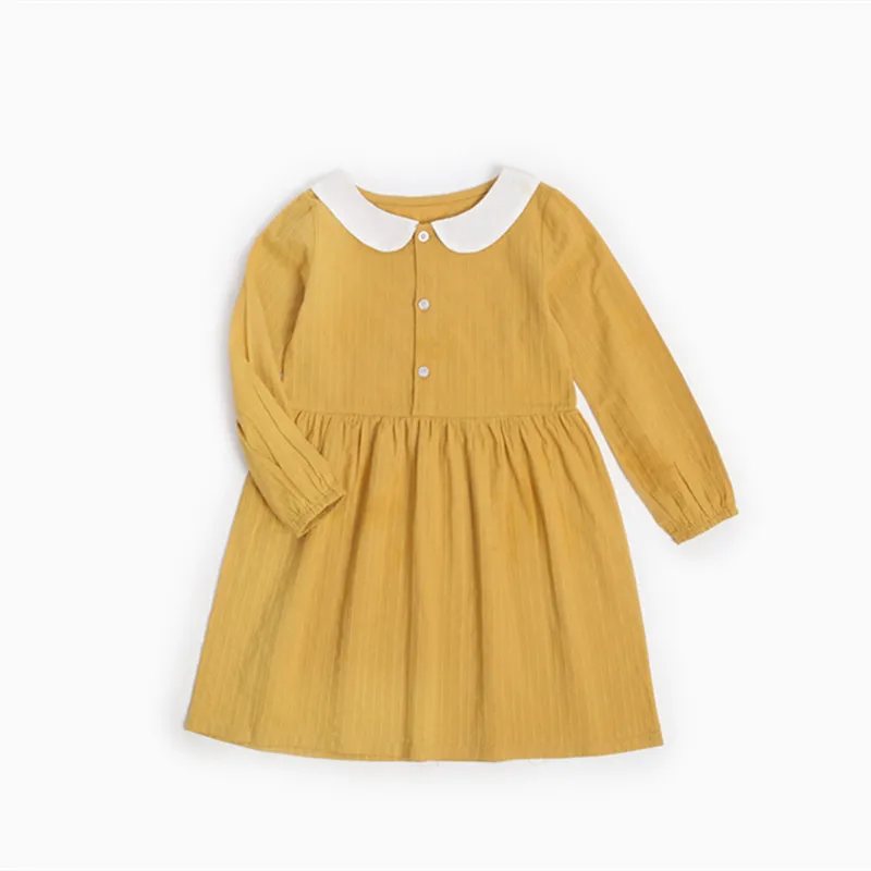 

DFXD 2018 Spring Kids Princess Dress Girls Costumes New Soild Yellow Doll Collar Cotton Striped Girls Party Dress Vestido 3-12Y