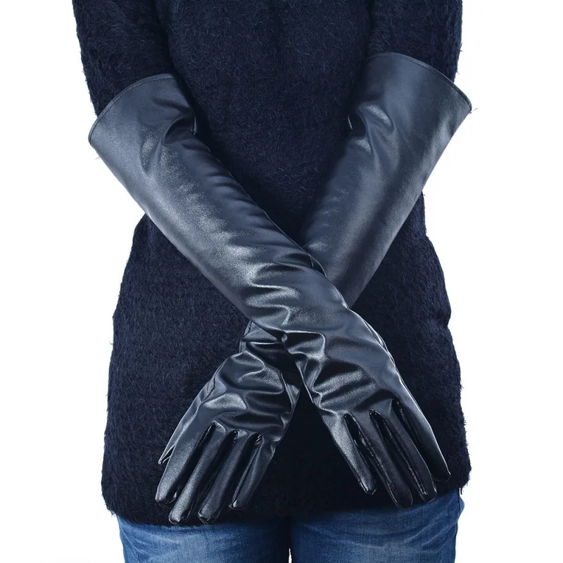 Зимние женские длинные перчатки теплые перчатки с подкладкой для пальцев женские перчатки из искусственной кожи - Цвет: Черный