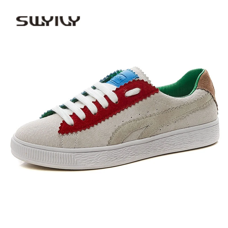 

SWYIVY Woman Sneakers Shoes Genuine Leather 2018 Spring Flat Color Block Female Casual Cancas Shoes Comfortable Woman Sneakers