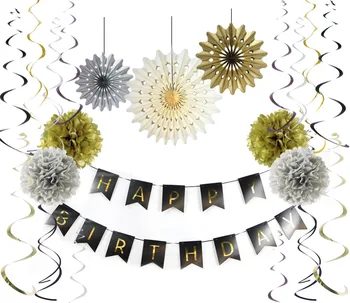 

Set of 9 Black and Gold Birthday Decor Pom Pom Flower Ball Paper Fan Happy Birthday Banner Hanging Swirls Party Favor Decoration