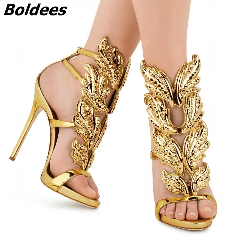 

Sexy Bling Gold Plated Winged Crystal Drilled Angle Wings High Heel Sandals Shiny Leather Bridal Wedding Sandal Shoes