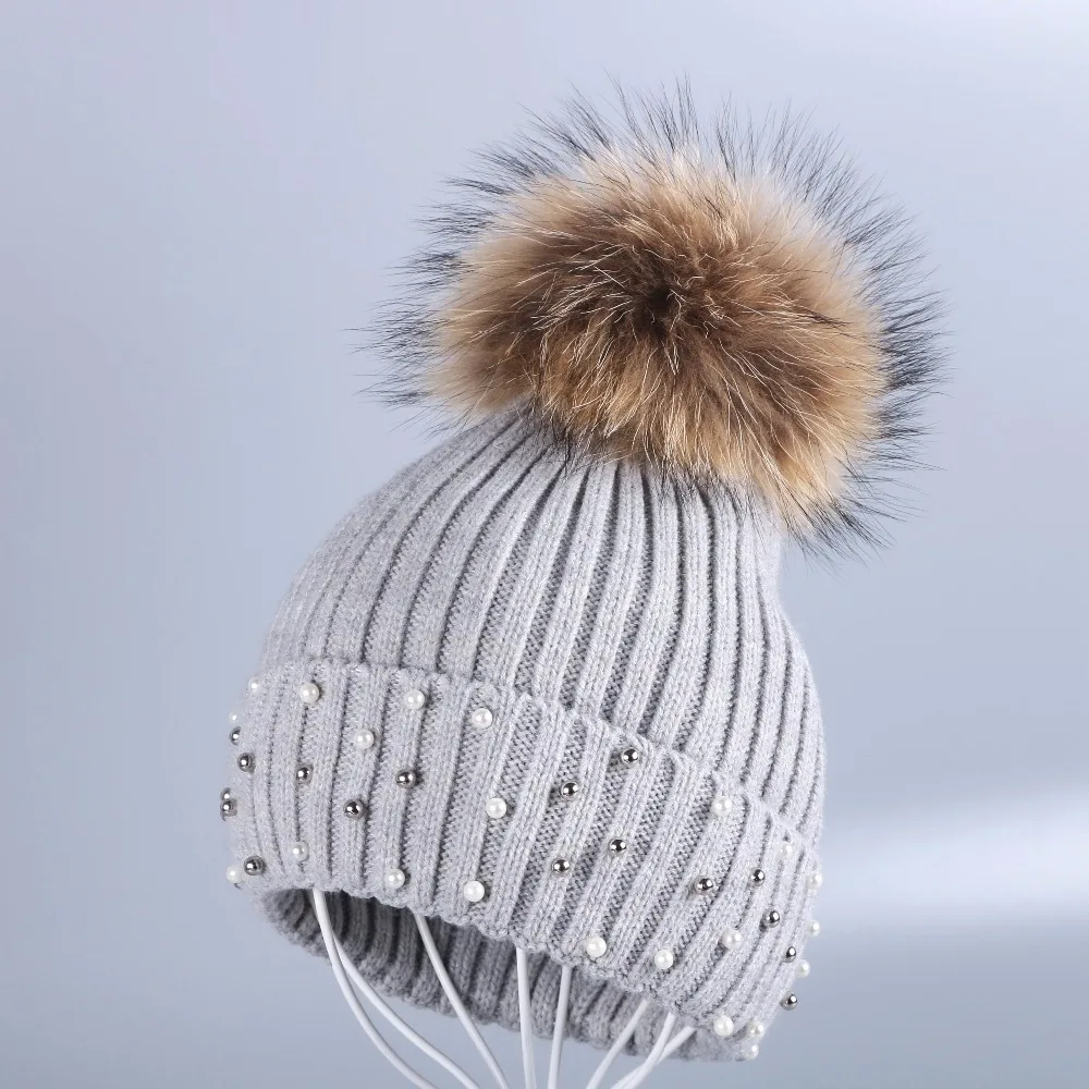 

OHCOXOC New design women winter hat with real fox mink animal fur pompom solid color wool Cashmere warmer skullies beanies