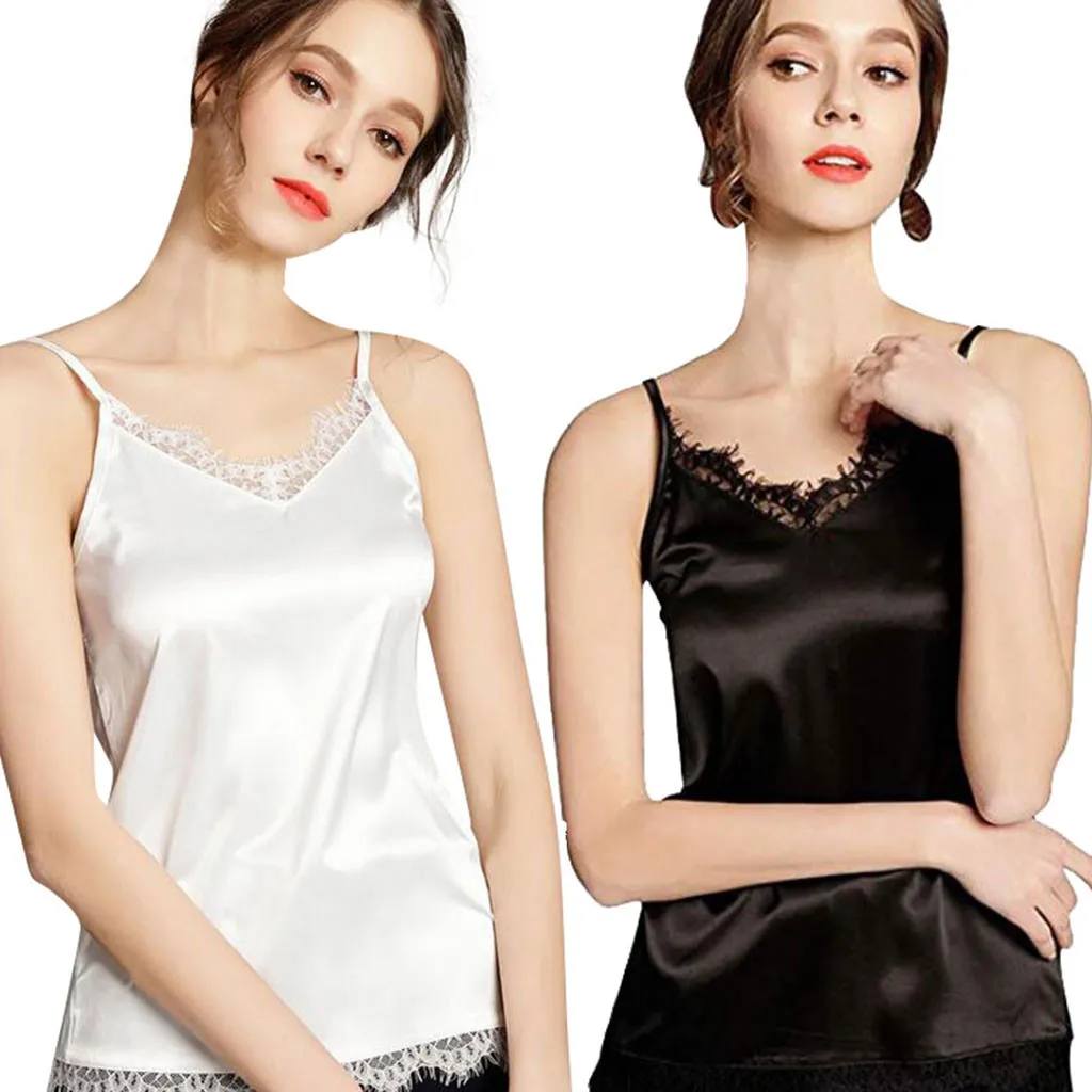 

Sexy Women's Silk Tank Tops Lace deep V Neck For Ladies Camisole Silky Loose Sleeveless Blouse Casual Comfortable Camis Girl