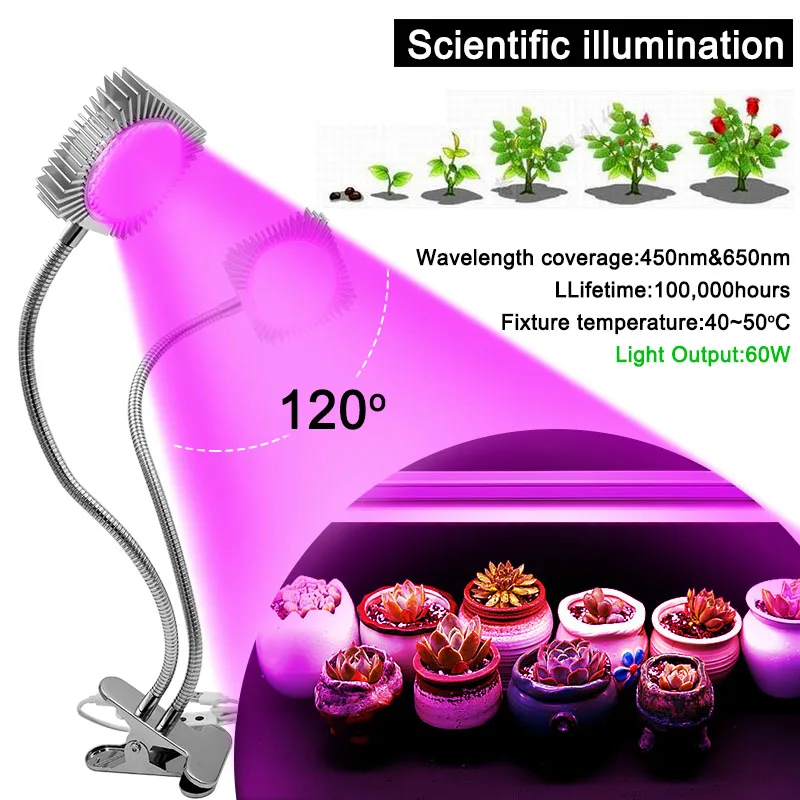 60 Вт лампа для растений светильник 98 светодиодный для сельскохозяйствнных ламп с 3/6/12H таймер 2 головкой и регулируемыми «гусиная шея» для комнатных растений, с широким диапазонном