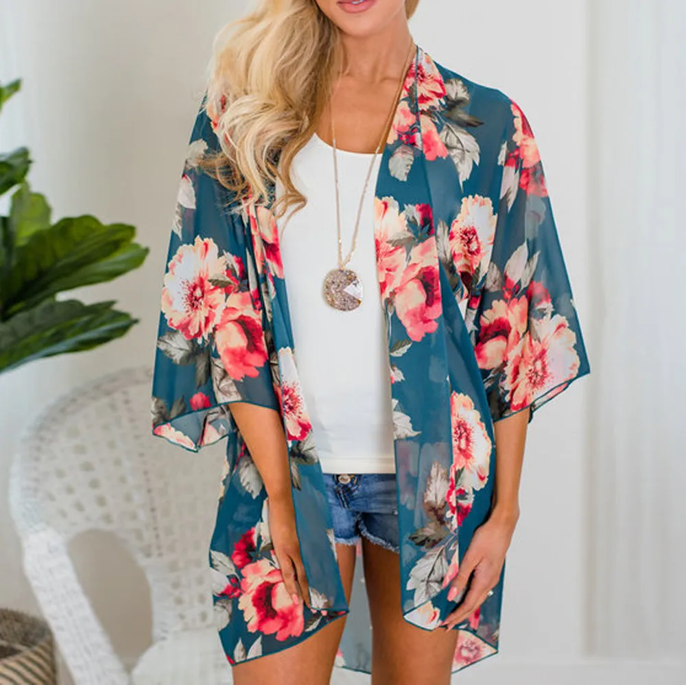 

Women Blouses Boho Chiffon Kimono Beach Floral Summer Cardigan Sunscreen tops Sexy Summer Plus Size Blusas Mujer De Moda 2018