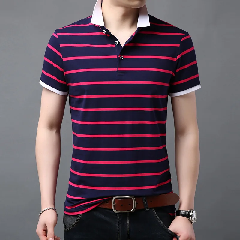 

2019 Summer Men Striped Casual Tshirt Cotton Short Sleeve Slim Fit T Shirts Fashion Brand Clothing Turn-down Collar t shirts