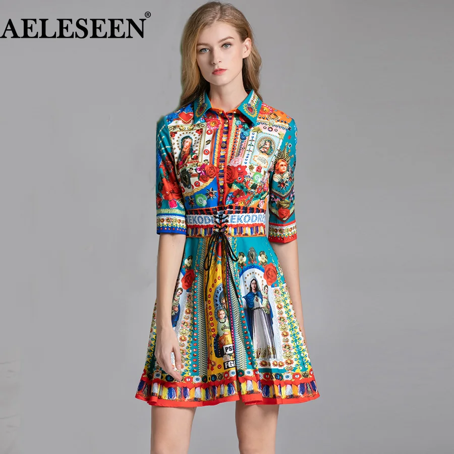 

AELESEEN Vintage Dress Summer 2019 Half Sleeve Flower Lapel Sashes Party Printed Dress Ethinic Bandage Slim Elegant Women Dress