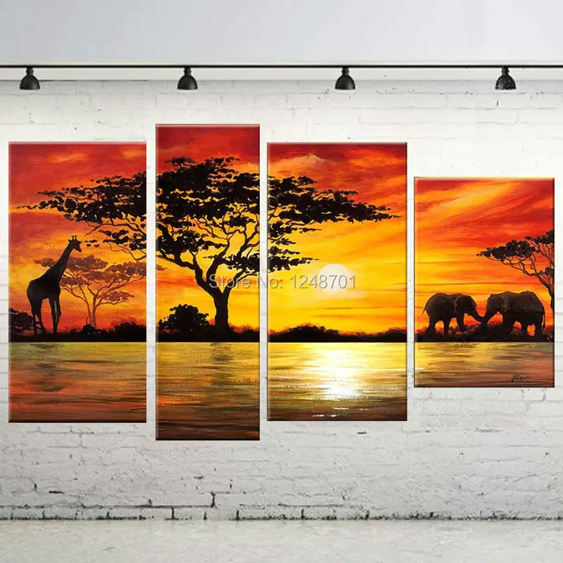 

Hand Painted African elephant painting Wanddeko Giraffe sunset landscape canvas painting Multipanel Art 4 pieces Set