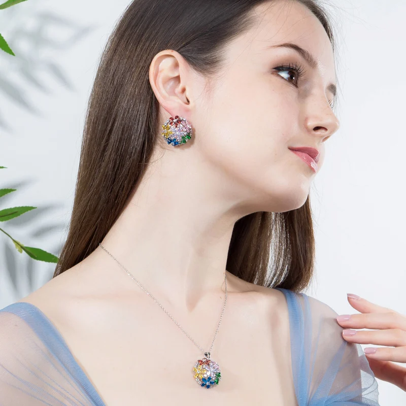 CWWZircons Multi Color Cubic Zirconia Crystal Half Round Pendant Necklace and Earrings Sets Women Fashion Costume Jewelry T140|Ювелирные