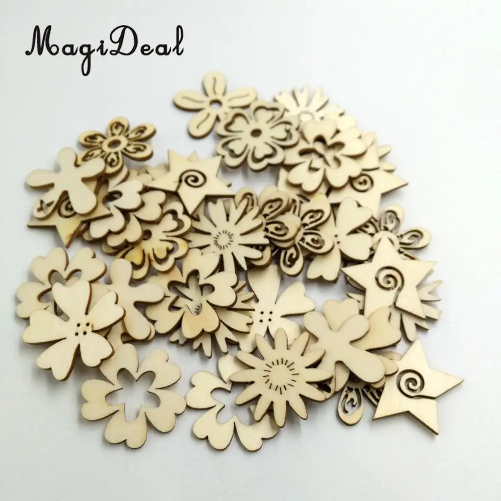 MagiDeal 50 Pieces Mixed Natural Wood Flower Shapes Embellishment Craft Scrap Booking Card Sign Making for Party Decor Favor 