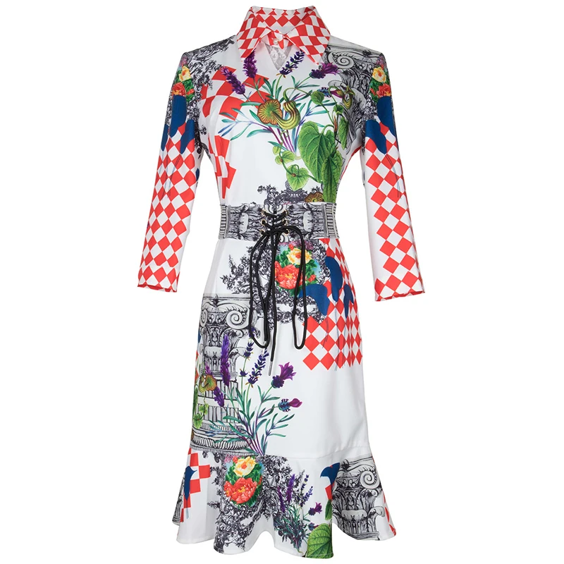 

New Temperament New Style Chequered Printed Fishtail Waist Tie up Dress in Spring of 2019