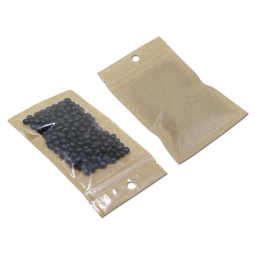 

200Pcs/lot Clear Front Brown Plastic Kraft Paper Ziplock Package Bag Tea Nuts Retail Self Sealing Storage Pouches with Hang Hole