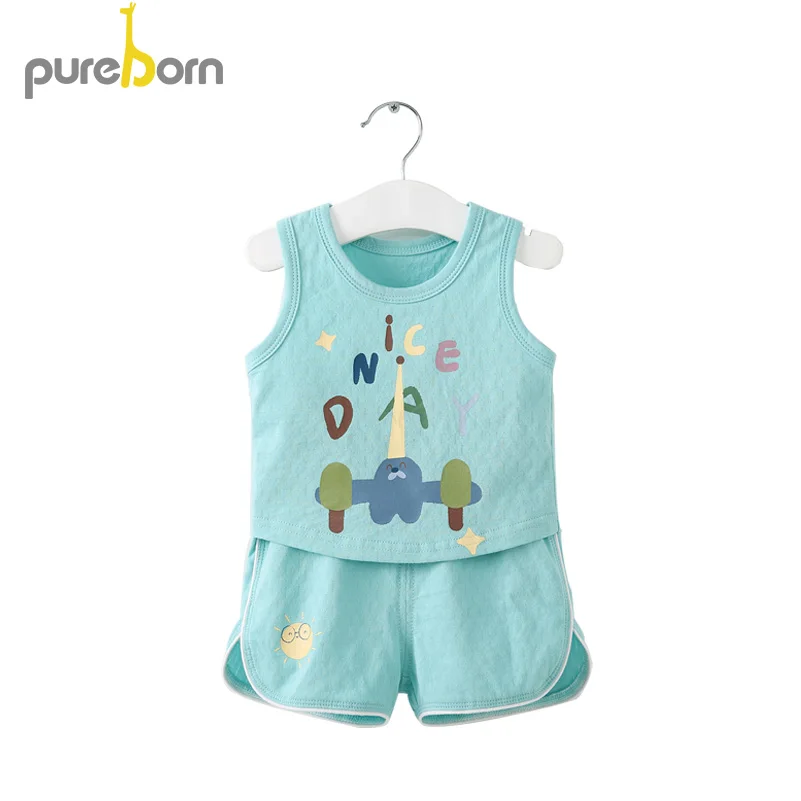 

pureborn Infant Baby Boy Girl Vest Tops+Short Pants 2Pcs Sets Cotton Breathable Eyelet Toddler Boys Girls Clothes Summer Outfit