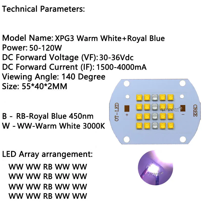 CREE высокая мощность 50 Вт-100 Вт полный спектр белого светодиодный XPG3 светильник для выращивания диоды+ королевский Blue450nm аквариумное растение COB Чип+ Драйвер радиатора
