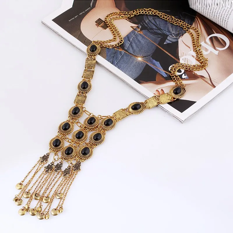 Большое мощное женское серебряное ожерелье на цепочке с длинными кисточками, этническое богемное ожерелье с длинной подвеской, женское модное ювелирное изделие