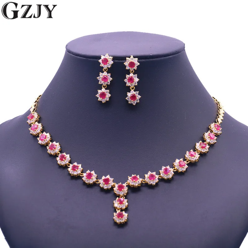 

GZJY Elegant Wedding Flower Yellow Gold Color Red Stone Zircon Necklace Earrings Jewelry Sets For Women Anniversary