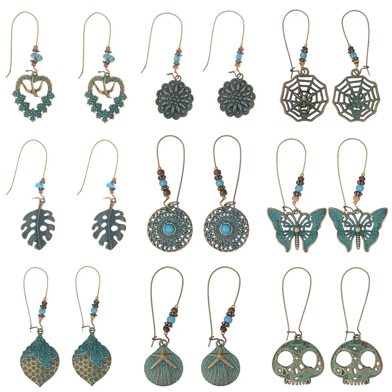 

Multiple Flower Leaf Shell Sun Butterfly Spiral Vintage Green Alloy Hanging Dangle Drop Earrings With Stone For Women Jewelry