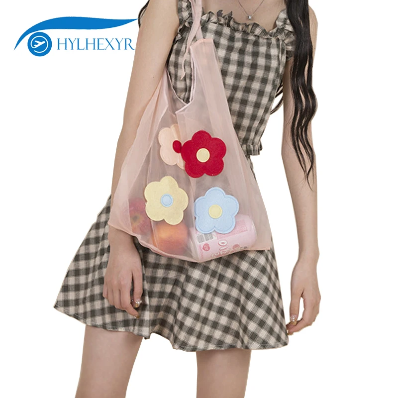 

Hylhexyr Flower Embroidery Messenger Bag Gauze Tote Ladies Beach Handbag Woman Mesh Shopping Bags Organza Shoulder Gift Bag
