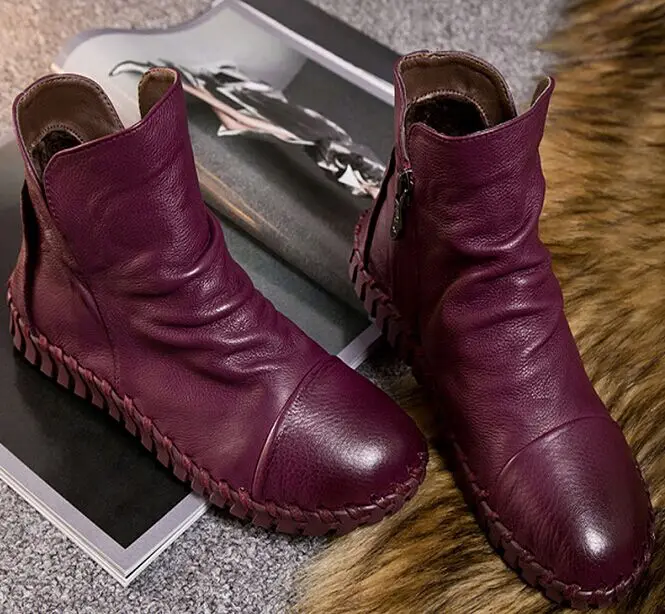 Genuine Leather Short Boots Plus Velet Winter Women s Shoes Handmade Sewing Soft Outsole Lazy Shoes