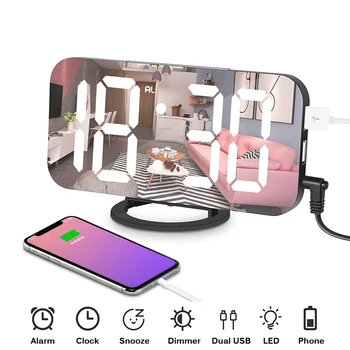 

Ipad Phone Charging USB Alarm Clock Digital Clock with Dual USB Port Electronic LED Digital Desktop Decoration Mirror Surface