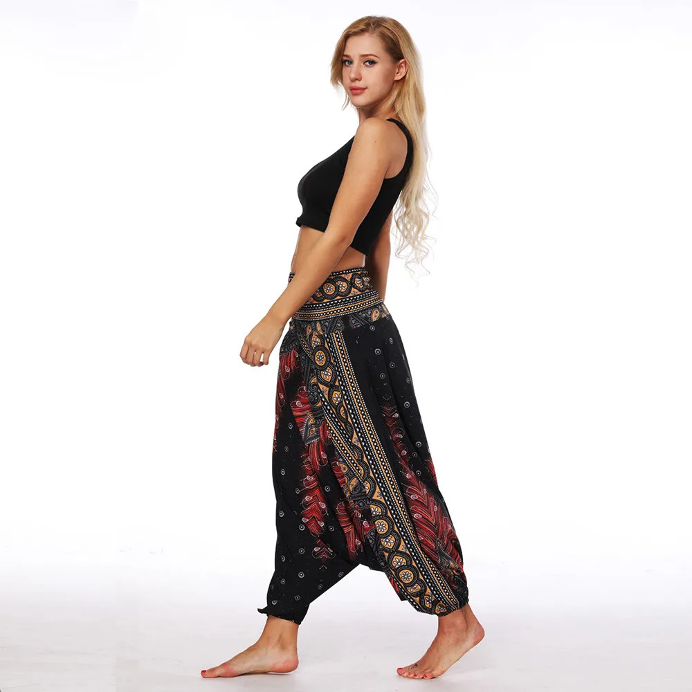 Женские летние пляжные брюки Boho Aladdin Gypsy Hippie, шаровары с эластичной талией, Женские Мешковатые брюки с принтом павлиньих перьев# T30